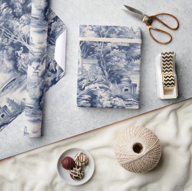 Papier Cadeau Vieux Château Moderne Toile bleue de Jouy motif (Artisanat)