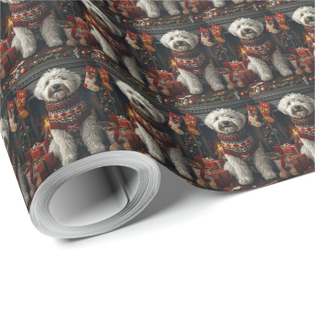 Papier Cadeau Vieux Cheepdog Anglais Avec Cheminée Cadeau De Noë (Coin rond)