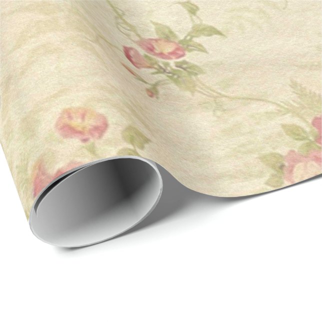 Papier Cadeau Vieux motif affligé de tissu de roses vintages (Coin rond)