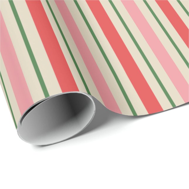 Papier Cadeau Vieux Motif de Noël à rayures rose rouge (Coin rond)