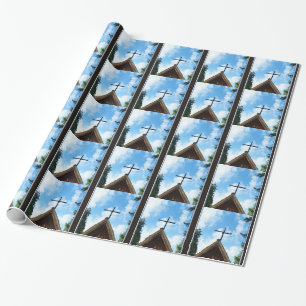 Papier Cadeau Vieux Pays Église Bleu et Noël Brown