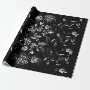Papier Cadeau Vigne florale de dahlia noir et blanc sur le noir