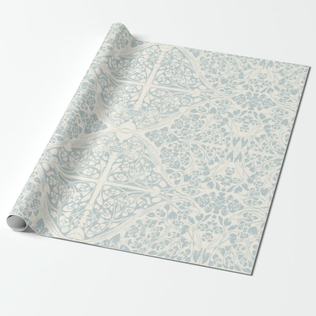 Papier Cadeau Vignes florales Découpage arabesque bleu et ivoire (Déroulé)
