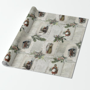 Papier Cadeau Vignettes de Noël victoriennes avec verdure d'hive