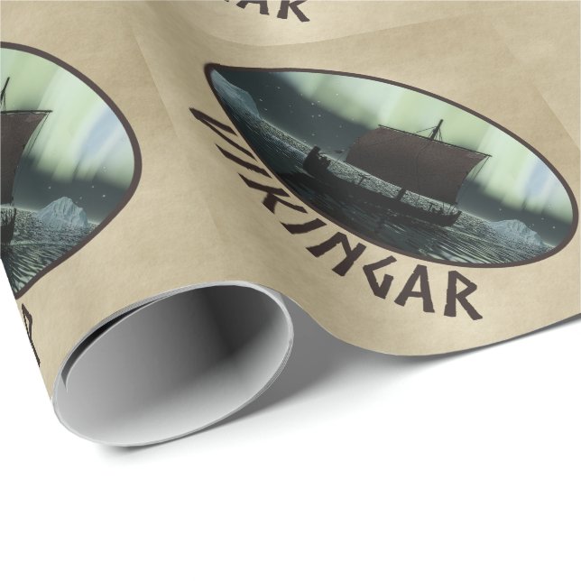 Papier Cadeau Viking Navire Et Lumières Du Nord (Coin rond)