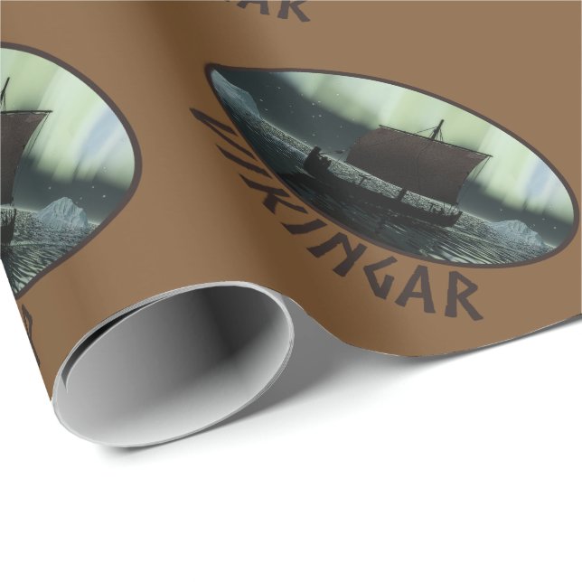 Papier Cadeau Viking Navire Et Lumières Du Nord (Coin rond)