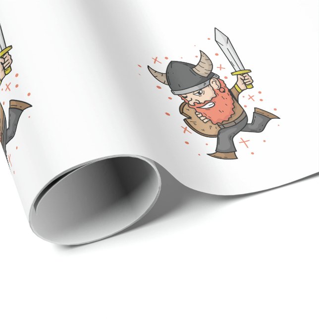 Papier Cadeau Vikings à barbe rouge et casque et épée (Coin rond)