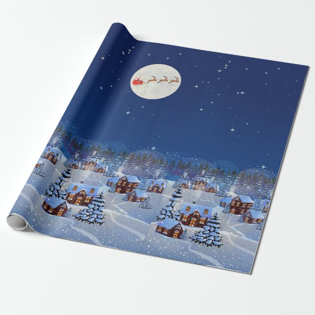Papier Cadeau Village de Noël avec Père Noël & Reindeds (Déroulé)