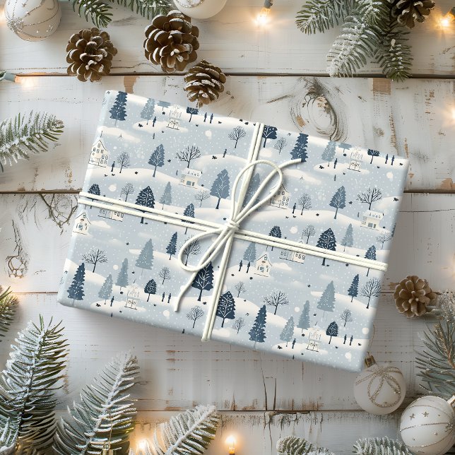 Papier Cadeau Village de Noël bleu moderne (Créateur téléchargé)