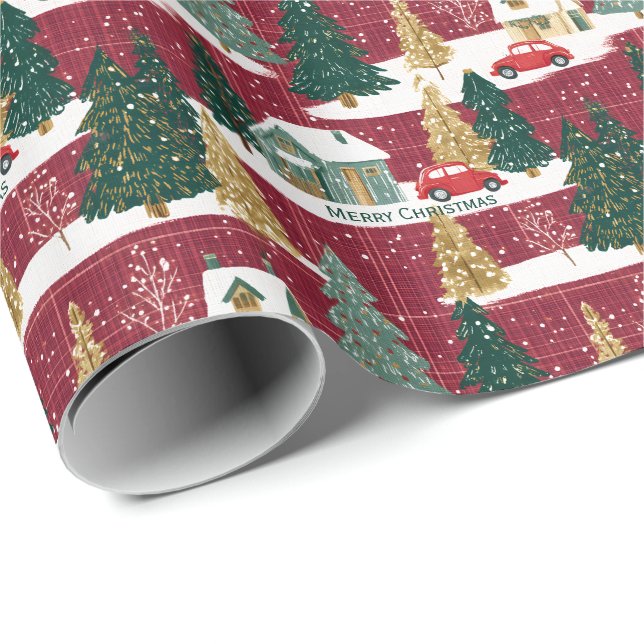 Papier Cadeau Village de Noël de la forêt rouge et verte (Coin rond)