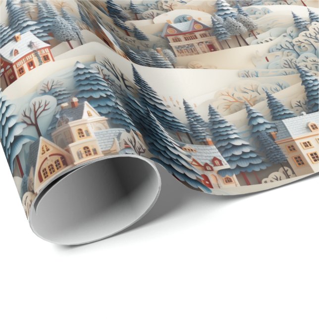 Papier Cadeau village de Noël enneigé (Coin rond)