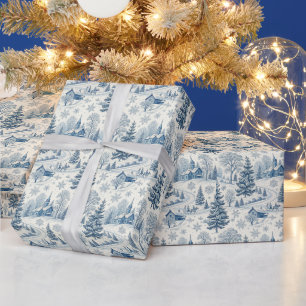 Papier Cadeau Village de Noël hivernal bleu vintage flocon de ne