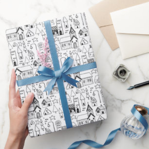 Papier Cadeau Village de Noël pour enfants Whimsical Black & Whi