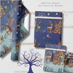 Papier Cadeau Village de Noël Renne, Elfe, Écureuil & Renard