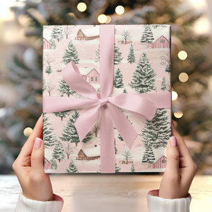 Papier Cadeau Village de Noël rose