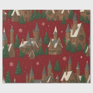 Papier Cadeau Village de Noël | Rouge avec Maisons et Pins Neige