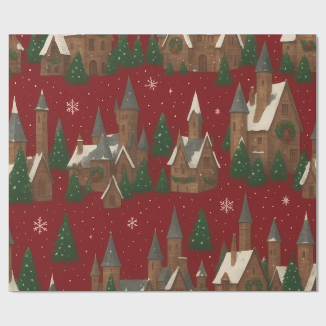 Papier Cadeau Village de Noël | Rouge avec Maisons et Pins Neige (Plat)