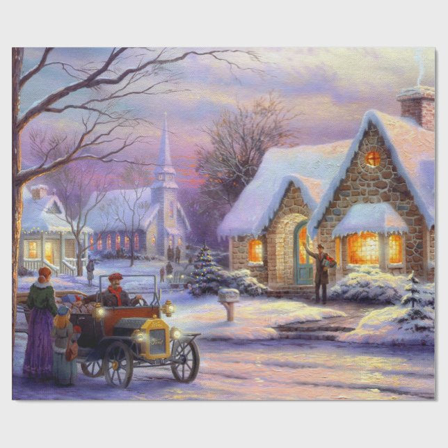 Papier Cadeau Village de Noël Vintage (Plat)
