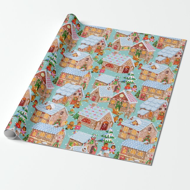 Papier Cadeau Village de pain d'épices (aqua) (Déroulé)