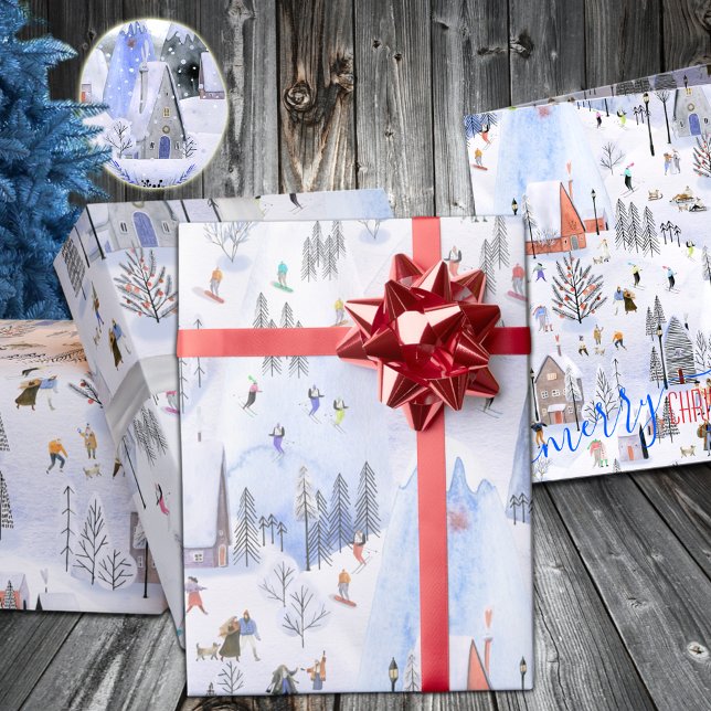 Papier Cadeau Village de ski de Busy Mountain (Mountain Ski Village Holiday Gift Wrapping Paper in 6 & 15 foot long 30 inch wide rolls)