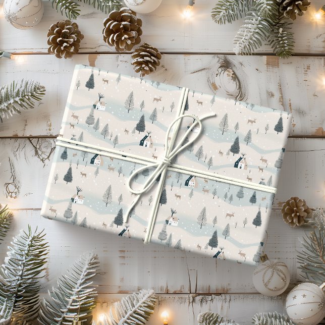 Papier Cadeau Village moderne de Noël bleu et Tan Snowy (Créateur téléchargé)