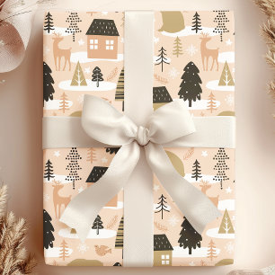 Papier Cadeau Village ours de Noël rose noir or moderne