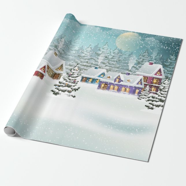 Papier Cadeau Village paysage d'hiver avec maisons couvertes de  (Déroulé)
