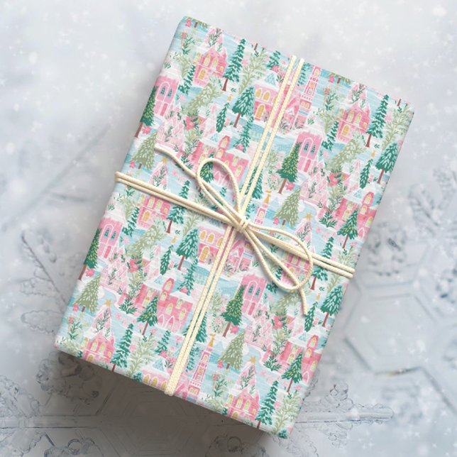 Papier Cadeau Ville de Noël rose neige (Créateur téléchargé)