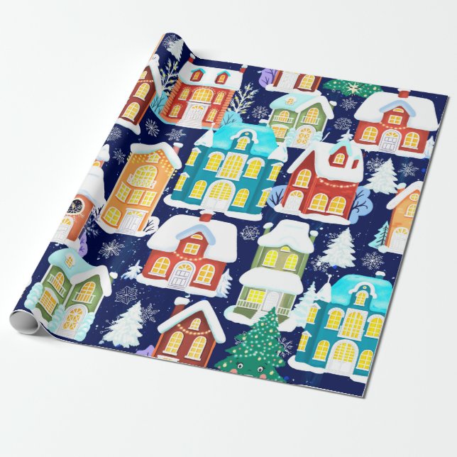 Papier Cadeau Ville d'hiver avec maisons victoriennes. Thème de  (Déroulé)