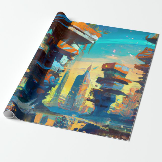 Papier Cadeau Ville dystopique futuriste, peinture générée par l (Déroulé)