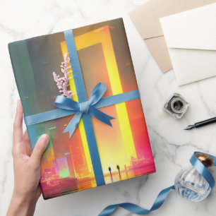 Papier Cadeau Ville futuriste avec portail néon radieux