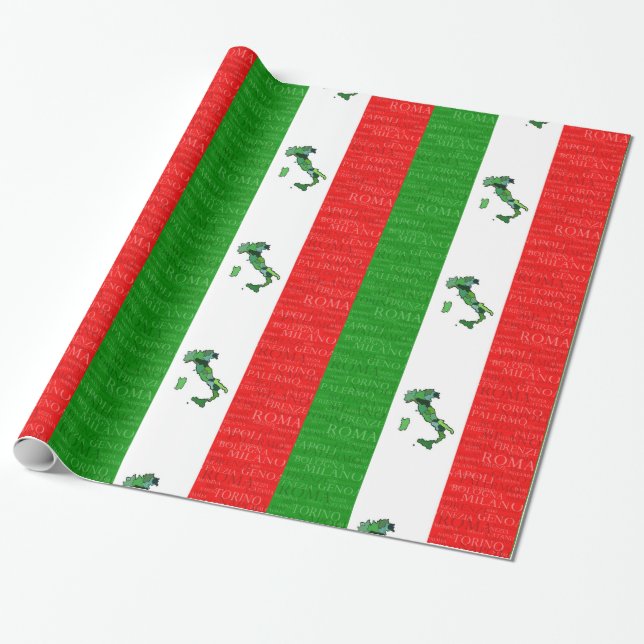 Papier Cadeau Villes, carte, et drapeau de l'Italie (Déroulé)