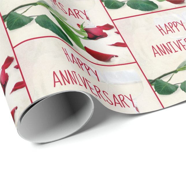 Papier Cadeau Vin d'anniversaire et Rose rouge (Coin rond)