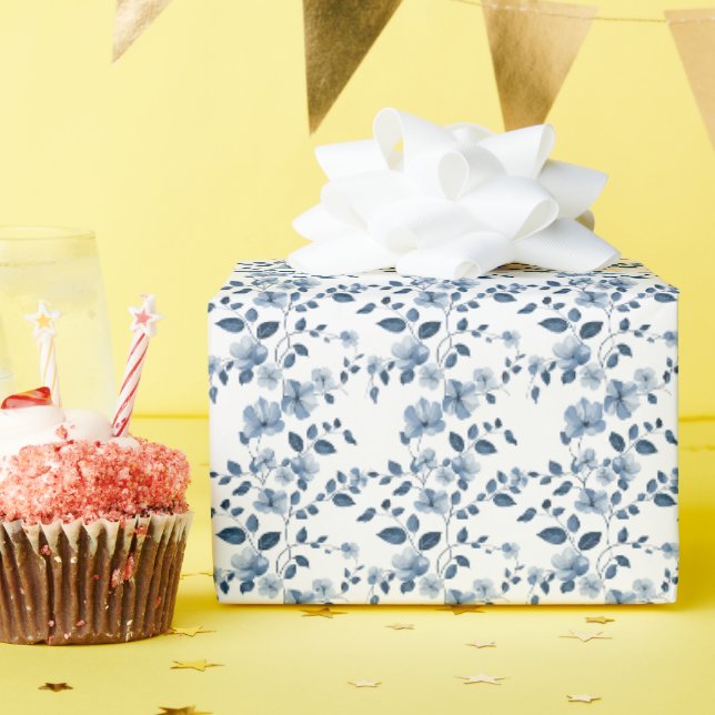 Papier Cadeau Vin Fleur Bleu Blanc (Fête d'anniversaire)