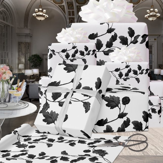 Papier Cadeau Vin Floral Feuille Noire Motif Sur Blanc (Créateur téléchargé)