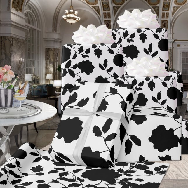Papier Cadeau Vin floral noir & blanc Soirée de mariage élégante (Créateur téléchargé)