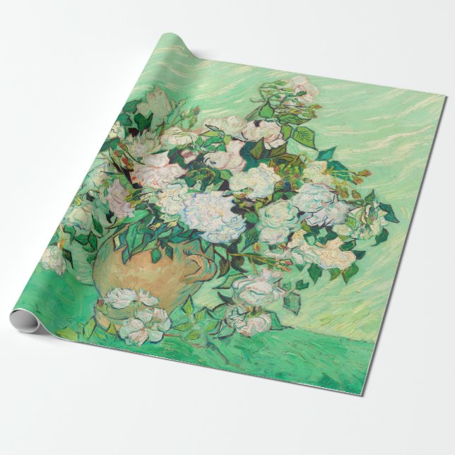 Papier Cadeau Vincent Van Gogh Vase avec des roses roses roses (Déroulé)