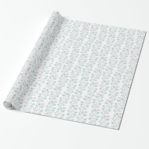 Papier Cadeau Vins rose et bleu doux Fleurs Feuilles sur blanc