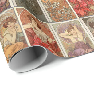 Papier Cadeau Vintage Art Nouveau Mucha Precious Pierres Motif