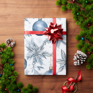 Papier Cadeau Vintage Bleu Arbre de Noël Ornements Motif