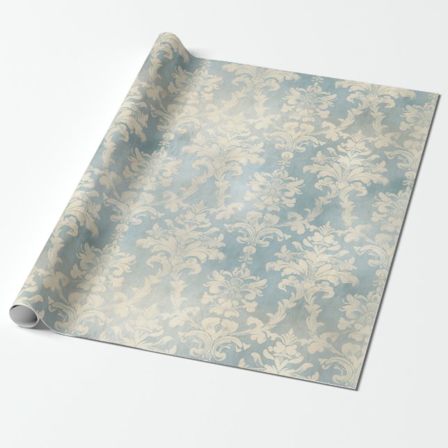 Papier Cadeau Vintage bleu Dusty Damask (Déroulé)