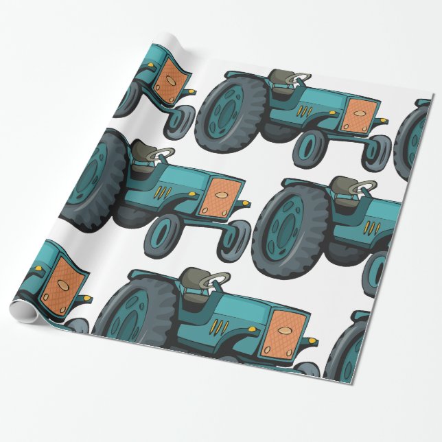 Papier Cadeau Vintage Blue Tracteur (Déroulé)