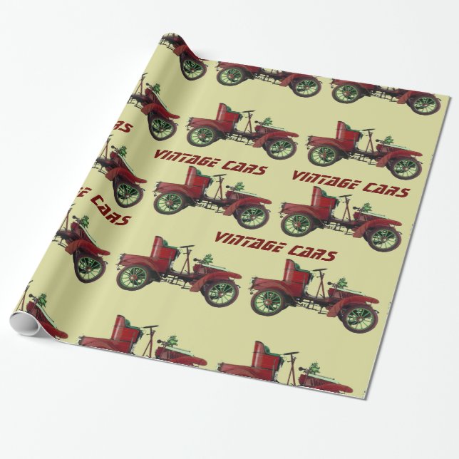 Papier Cadeau VINTAGE CARS rouge jaune noir (Déroulé)
