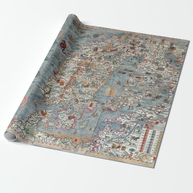 Papier Cadeau Vintage Carta Marina Scandinavia Map (Déroulé)