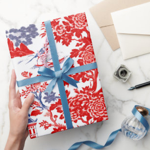 Papier Cadeau Vintage Chinoiserie Delft Français rouge bleu