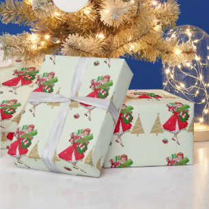 Papier Cadeau Vintage Christmas Lady présente Red Green Gold