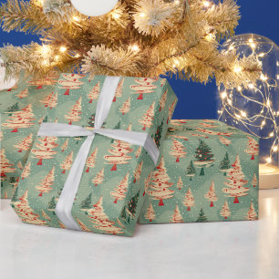 Papier Cadeau Vintage Christmas Tree Motif Retro Festive Cheval