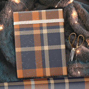 Papier Cadeau Vintage classique automne bleu et orange plaid