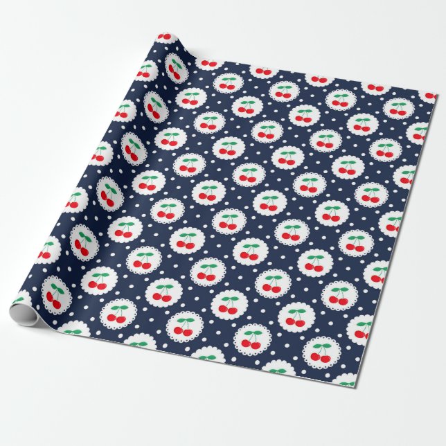 Papier Cadeau Vintage été Marine, White & Red Cherries (Déroulé)