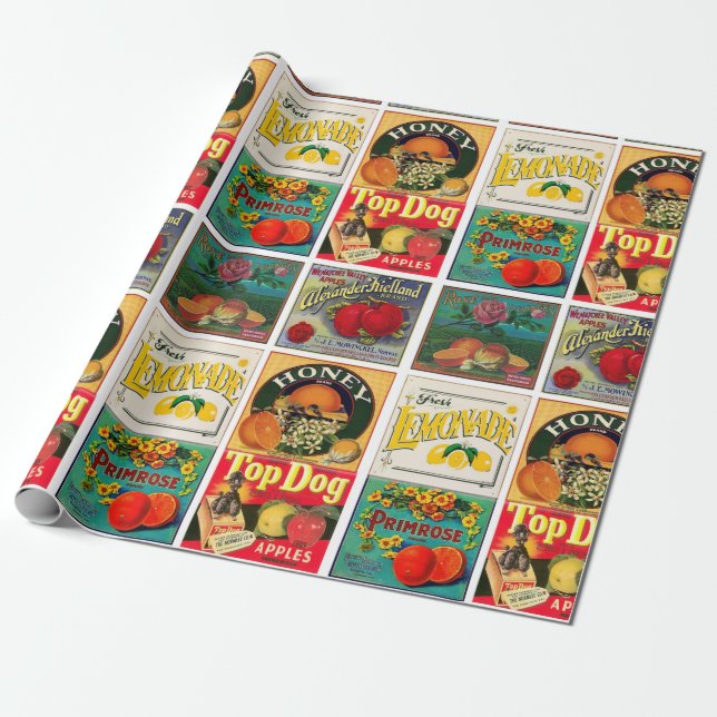 Papier Cadeau Vintage Étiquette Motif (Déroulé)